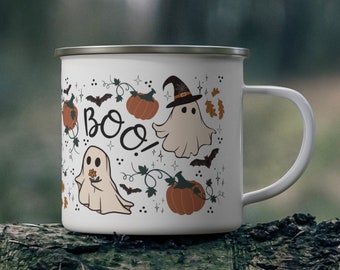 Cottagecore Halloween Coffee Mug, Fall Coffee Cup, Spooky Coffee Mug, Halloween Enamel Camp Cup, Ghost Mug, Autumn Camp Mugs, Cottage-core