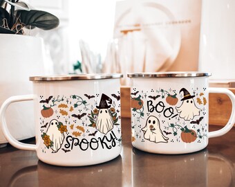 Cottagecore Halloween Coffee Mug, Fall Coffee Cup, Spooky Coffee Mug, Halloween Enamel Camp Cup, Ghost Mug, Autumn Camp Mugs, Cottage-core