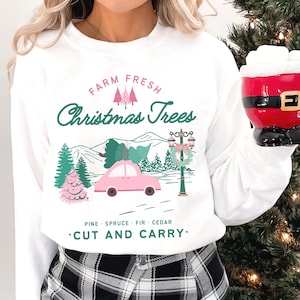 Pink Farm Fresh Christmas Sweatshirt, Christmas Tree Farm Crewneck, Vintage Pink Christmas Sweater for her, Girly Pink Christmas Pullover