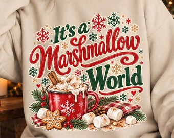Sudadera navideña, sudadera de cuello redondo Marshmallow World, sudadera para amantes del chocolate caliente, jersey de invierno acogedor, jersey navideño bonito