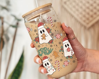 Spooky Christmas Iced Coffee Glass, Christmas Iced Coffee Cup, Christmas Coffee Glass, Christmas Glass Cup,Spooky Holiday Gift,Festive Ghost
