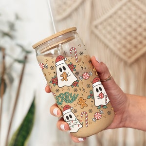 Spooky Christmas Iced Coffee Glass, Christmas Iced Coffee Cup, Christmas Coffee Glass, Christmas Glass Cup,Spooky Holiday Gift,Festive Ghost