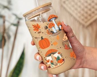 Cottagecore Fall Mushroom Coffee Glass, Fall Coffee Glass, Autumn Glass Cup, Cottagecore Mushroom Iced Coffee Glass Cup,Cottagecore Fall Cup