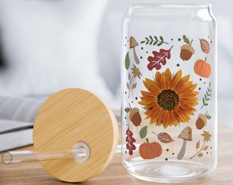 Cottagecore Sunflower Coffee Glass, Fall Coffee Glass, Autumn Glass Cup,Fall Sunflower Coffee Glass,Cottagecore Fall Cup,Fall Sunflower Gift