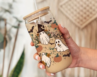 Cottagecore Halloween Coffee Glass, Fall Coffee Glass, Autumn Glass Cup, Spooky Iced Coffee Glass, Cottagecore Fall Cup, Ghost Glass Cup