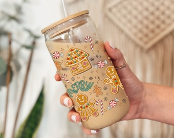 Gingerbread Christmas Iced Coffee Glass, Christmas Iced Coffee Cup, Christmas Coffee Glass, Christmas Glass Cup,Festive Holiday Coffee Glass