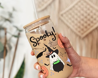 Cottagecore Halloween Coffee Glass, Fall Coffee Glass, Autumn Glass Cup, Spooky Iced Coffee Glass, Cottagecore Fall Cup, Ghost Glass Cup