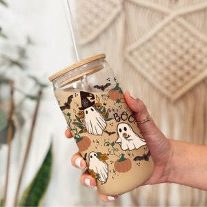 Cottagecore Halloween Coffee Glass, Fall Coffee Glass, Autumn Glass Cup, Spooky Iced Coffee Glass, Cottagecore Fall Cup, Ghost Glass Cup