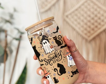 Cottagecore Halloween Coffee Glass, Fall Coffee Glass, Autumn Glass Cup, Spooky Iced Coffee Glass, Cottagecore Fall Cup, Ghost Glass Cup