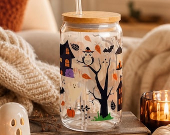 Halloween Glass Cup, Cottagecore Halloween Cup, Spooky Iced Coffee Glass, Ghost Glass Cup, Fall Tumbler, Halloween Gift