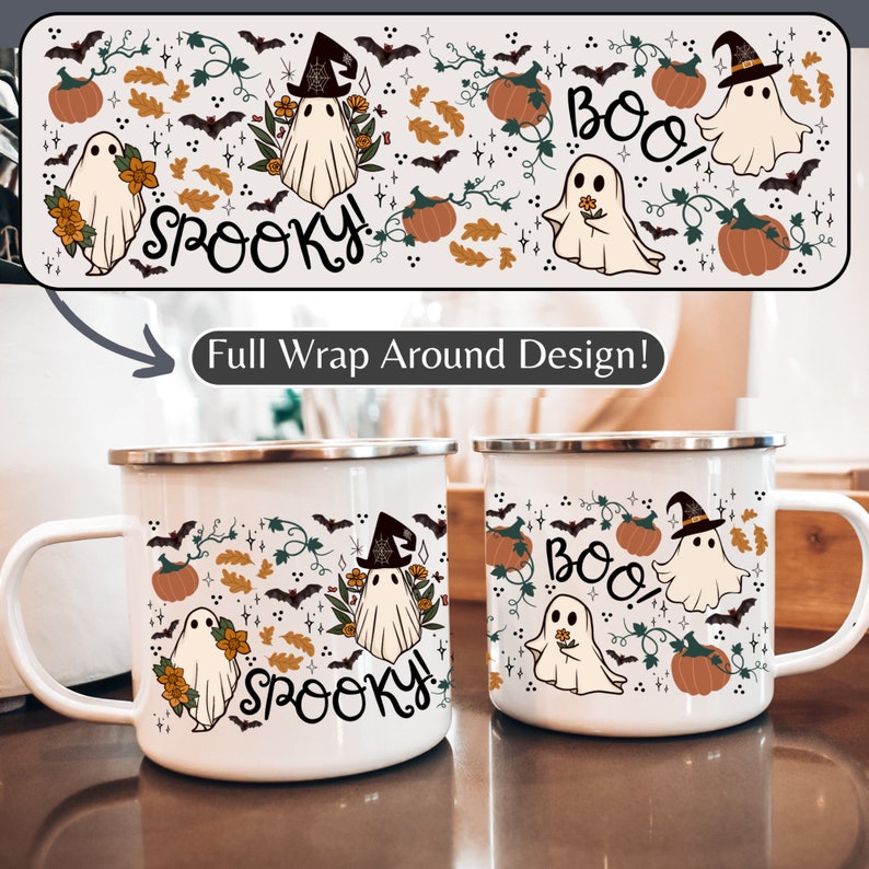 May include: Two white enamel mugs with a Halloween design. The design features ghosts, pumpkins, bats, and the words "Boo!" and "Spooky!"
