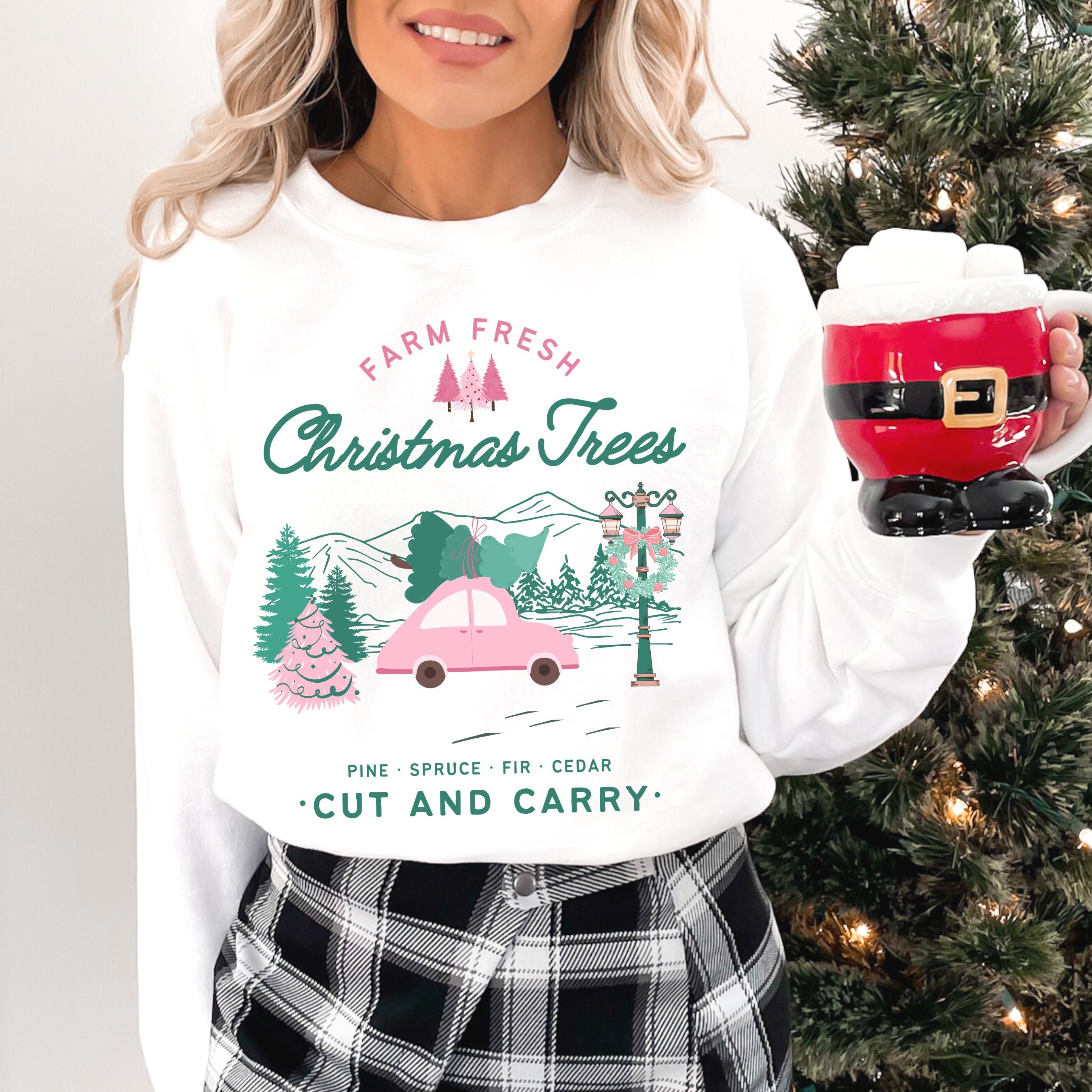 Pink Farm Fresh Christmas Sweatshirt, Christmas Tree Farm Crewneck, Vintage Pink Christmas Sweater for her, Girly Pink Christmas Pullover