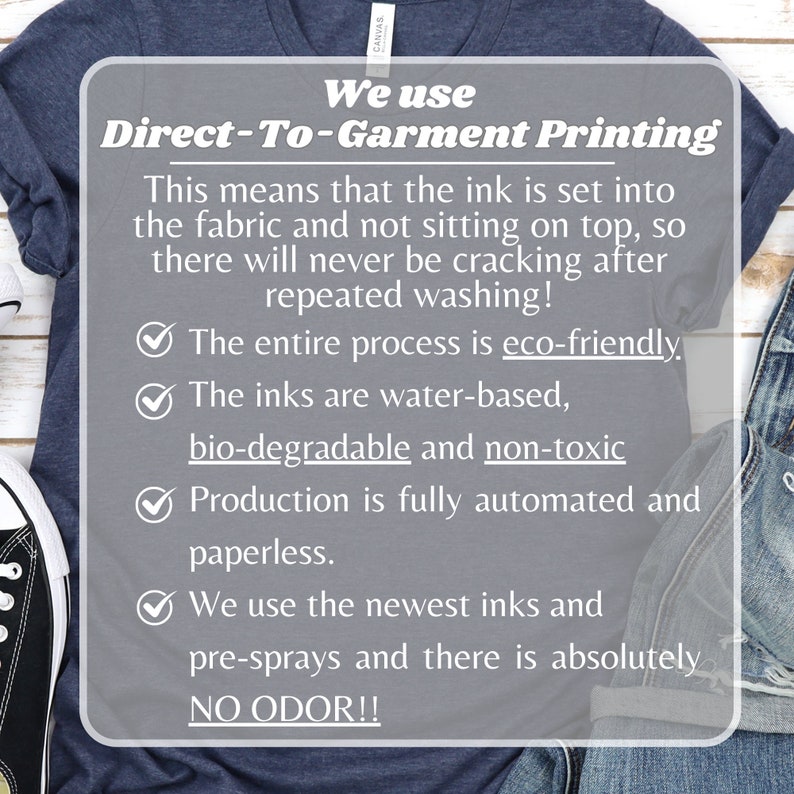 Op de afbeelding: Een marineblauw T-shirt met witte tekst die "We use Direct-To-Garment Printing" luidt. De tekst legt uit dat de inkt in de stof wordt gegoten en niet op de top zit, dus er zullen nooit scheuren ontstaan na herhaaldelijk wassen. De tekst somt ook de voordelen van deze drukmethode op, waaronder milieuvriendelijk, op waterbasis, biologisch afbreekbaar, niet-toxisch, geautomatiseerd, papierloos en geurloos.