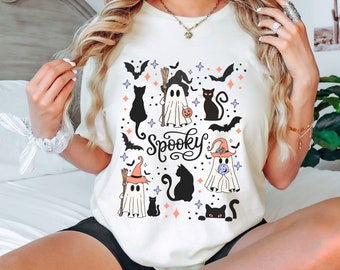 Spooky Halloween-Cat Shirt, Ghostly Halloween Cat,Cottagecore Cat,Ghost Tee-shirt,Cottagecore Halloween Cat,Spooky Cat Shirt,Ghost Witch Tee