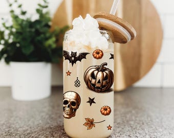 Cottagecore Halloween Coffee Glass,Skeleton Glass Cup, Jack O Lantern Pumpkin Halloween Spooky Iced Coffee Glass Can, Cottagecore Fall Cup