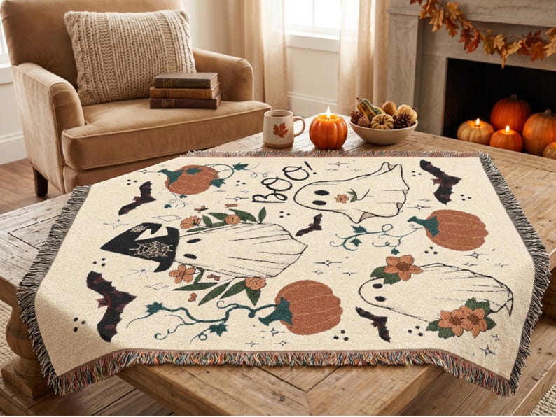 Puede incluir: Una manta tejida de color crema con un patr&oacute;n repetitivo de tem&aacute;tica de Halloween que incluye fantasmas, calabazas naranjas, murci&eacute;lagos negros y detalles florales. El texto "BOO!" aparece en letra negra y tiene bordes con flecos.