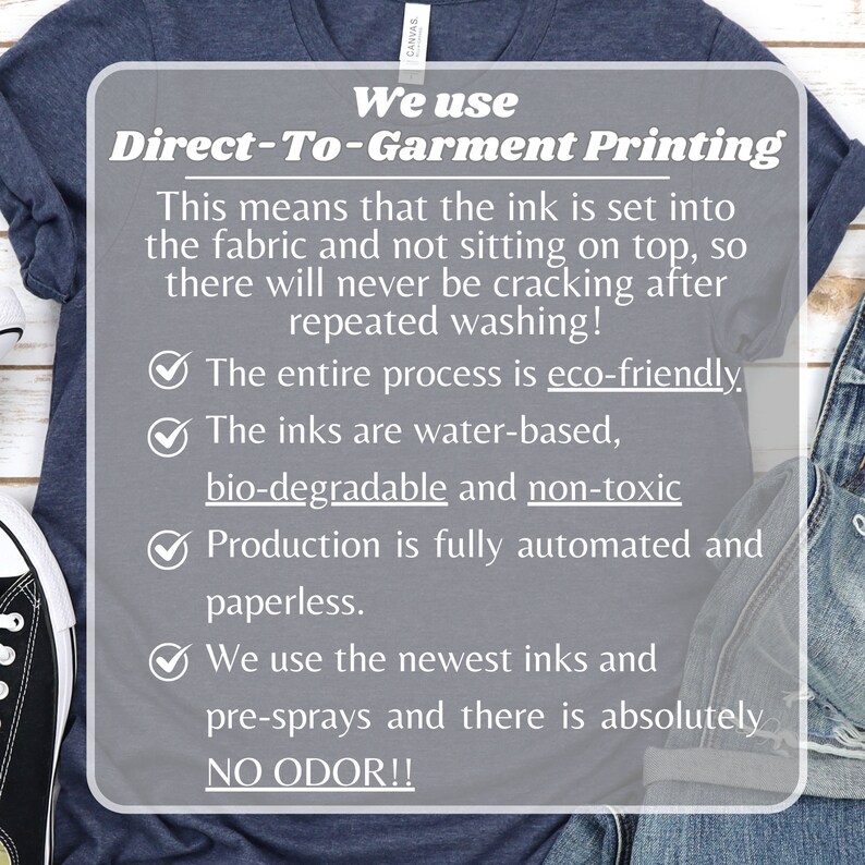 May include: A navy blue t-shirt with white text that reads "We use Direct-To-Garment Printing". The text explains that the ink is set into the fabric and not sitting on top, so there will never be cracking after repeated washing. The text also states that the entire process is eco-friendly, the inks are water-based, biodegradable and non-toxic, production is fully automated and paperless, and the newest inks and pre-sprays are used, resulting in no odor.
