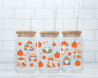 Cottagecore Fall Mushroom Coffee Glass, Fall Coffee Glass, Autumn Glass Cup, Cottagecore Mushroom Iced Coffee Glass Cup,Cottagecore Fall Cup