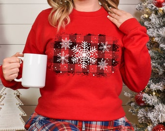 Buffalo Checkered Christmas Snowflake Sweatshirt, Buffalo Plaid Sweatshirt, Christmas Buffaloplaid Sweater,Cute Winter Crewneck,Buffalocheck
