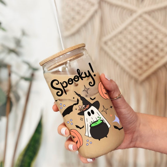 Cottagecore Halloween Coffee Glass, Fall Coffee Glass, Autumn Glass Cup, Spooky Iced Coffee Glass, Cottagecore Fall Cup, Ghost Glass Cup