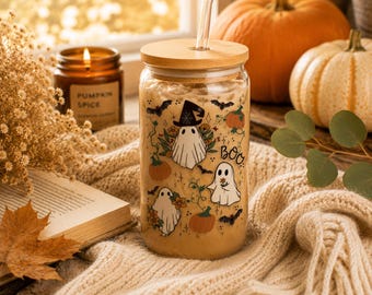 Cottagecore Halloween Coffee Glass, Fall Coffee Glass, Autumn Glass Cup, Spooky Iced Coffee Glass, Cottagecore Fall Cup, Ghost Glass Cup
