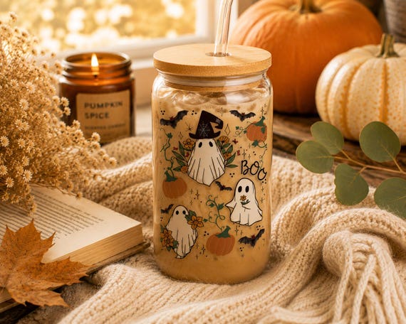 Cottagecore Halloween Coffee Glass, Fall Coffee Glass, Autumn Glass Cup, Spooky Iced Coffee Glass, Cottagecore Fall Cup, Ghost Glass Cup