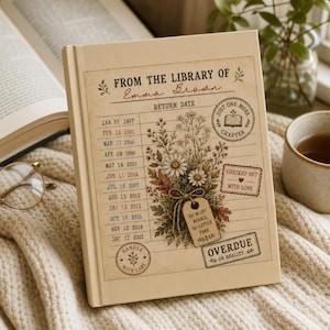 May include: A beige hardcover book featuring a vintage library checkout card design on the cover. The text reads FROM THE LIBRARY OF Emma Brown, RETURN DATE, JUST ONE MORE CHAPTER, CHECKED OUT WITH LOVE, SO MANY BOOKS SO LITTLE TIME, and OVERDUE ON REALITY.