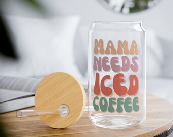 Ice Coffee Cup Glass 16oz Cups, Mama Needs Iced Coffee Glass Coffee Cup, Lifestyle Gift, Glass Cup with Lid and Straw Vintage Mama Gift