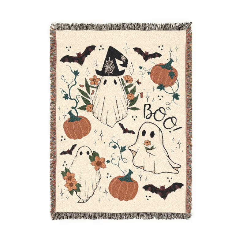 Manta tejida de Halloween estilo cottagecore, manta tejida con fantasmas, linda manta de fantasmas, acogedora decoración otoñal para el hogar, manta de calabaza, manta de otoño imagen 9