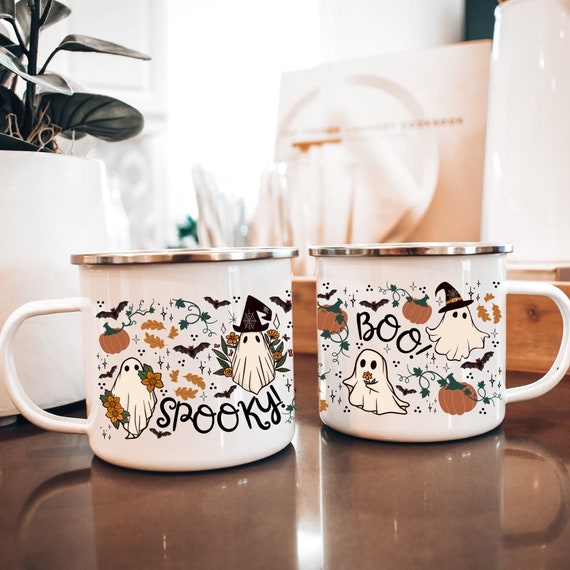 Cottagecore Halloween Coffee Mug, Fall Coffee Cup, Spooky Coffee Mug, Halloween Enamel Camp Cup, Ghost Mug, Autumn Camp Mugs, Cottage-core