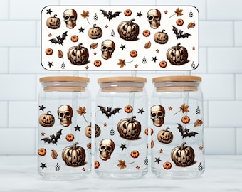 Cottagecore Halloween Coffee Glass, Skeleton Glass Cup, Jack O Lantern Pumpkin Halloween Spooky Iced Coffee Glass Can, Vintage Halloween Cup