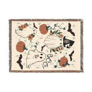 Manta tejida de Halloween estilo cottagecore, manta tejida con fantasmas, linda manta de fantasmas, acogedora decoración otoñal para el hogar, manta de calabaza, manta de otoño imagen 12