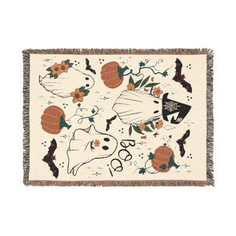 Manta tejida de Halloween estilo cottagecore, manta tejida con fantasmas, linda manta de fantasmas, acogedora decoración otoñal para el hogar, manta de calabaza, manta de otoño imagen 12