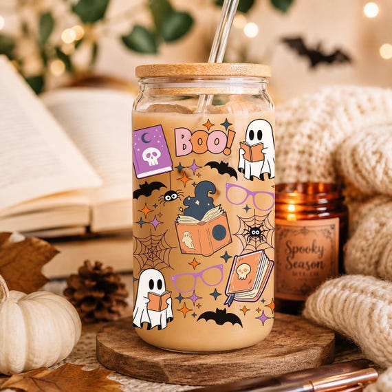 Bookish Halloween Glass Cup, Ghost Reader Iced Coffee Tumbler, Spooky Book Lover Gift
