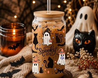 Witchy Halloween Glass Cup, Ghost Iced Coffee Glass, Black Cat Cup, Spooky Coffee Glass, Cute Halloween Gift