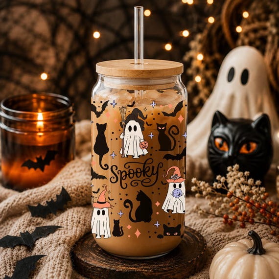 Witchy Halloween Glass Cup, Ghost Iced Coffee Glass, Black Cat Cup, Spooky Coffee Glass, Cute Halloween Gift