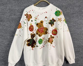 Vintage 80s Holiday Sweatshirt Womens XL White Puff Paint Grandma Pullover