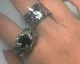 Silver Swarovski Gemstone Ring Chunky Statement Ring Liquid Metal Jewellery Edgy Punk Ring Unisex Jewelry Gift