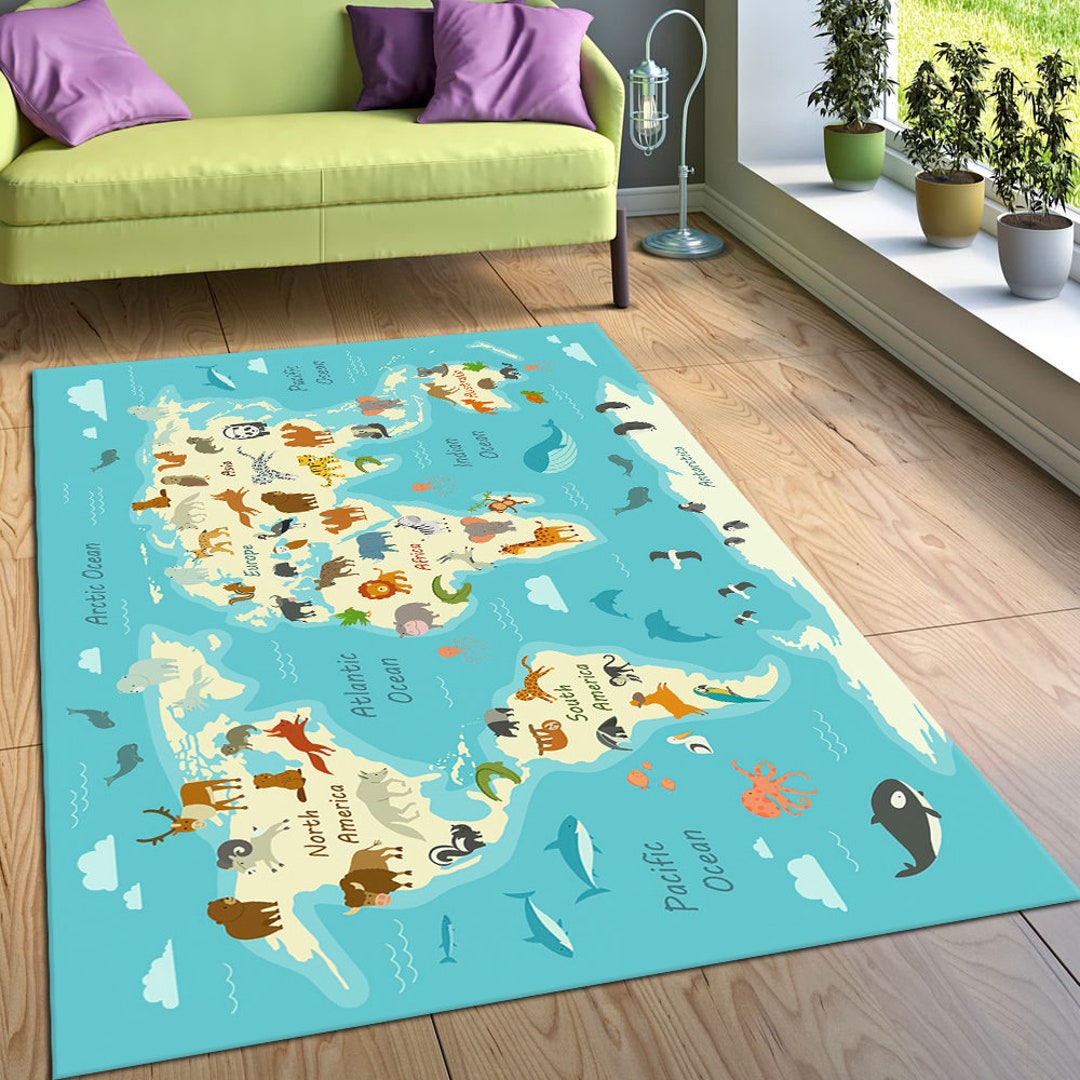 Vibrant Learning Animals Rug World Map Rug Lovely Toddler Etsy