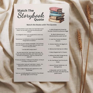 Może przedstawiać: Drukowana karta pracy z listą popularnych książek dla dzieci i cytatów z każdej książki. Karta pracy nosi tytuł "Match the Storybook Quote".