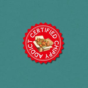 May include: A red, starburst-shaped sticker with the words "CERTIFIED CHIPPY ADDICT" in white text. The sticker surrounds a white box filled with noodles and vegetables, set against a teal background.