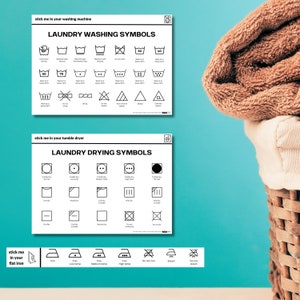 May include: Two white laundry care symbol charts with black text and icons, including washing, drying, and ironing instructions. The text "stick me in your washing machine", "LAUNDRY WASHING SYMBOLS", "stick me in your tumble dryer", "LAUNDRY DRYING SYMBOLS", and "stick me in your flat iron" are visible.