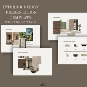 Op de afbeelding: Een presentatiesjabloon voor interieurontwerp met 30 bewerkbare Canva-pagina's. De lay-out toont meerdere dia's met koppen zoals Inspiration, Moodboard, Concept Board 02 en Furniture Selection 02, met diverse meubels en decoratieve elementen.