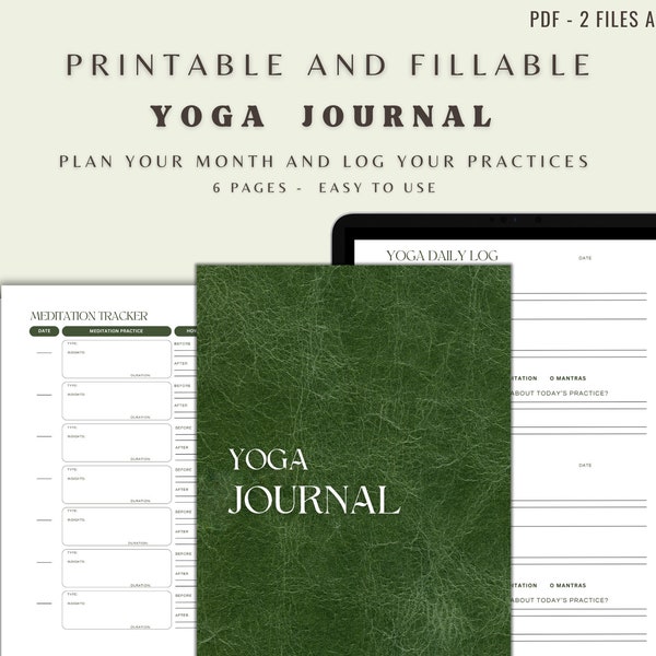Yoga Journal and Planner Printable and Fillable | Wellness Planner | Meditation Tracker | Minimalist Yoga Journal | Yoga Practice Log PDF