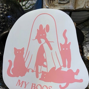 Charming 'My Boos' Ghost with Four Cats Vinyl Sticker | Spooky Decal for Cat Lovers | Laptop, Mug, and Car Accessory