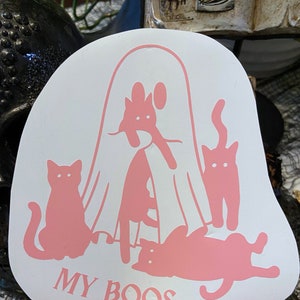 Charming &#39;My Boos&#39; Ghost with Four Cats Vinyl Sticker | Spooky Decal for Cat Lovers | Laptop, Mug, and Car Accessory