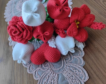Knitted gift tulip, rose,lavender flowers bouquet,flower bouquet, red tulips, mother's day gift, gift bouquet, everlasting flowers