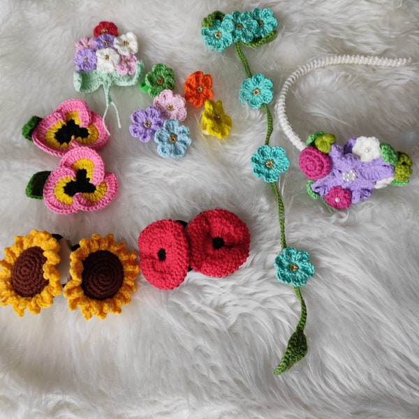 Knitted hairpins, sunflower hair clips, poppy hair clips, tiny elastic hairpins, girls' crown, crochet crown, handmade hair accessories