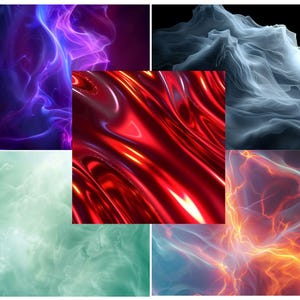 May include: A collage of abstract digital art pieces. The images feature flowing, ethereal forms in shades of purple, red, teal, and orange. One image has a metallic, reflective surface. Another depicts a smoky, cloud-like formation.