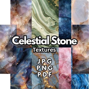 May include: A collage of digital textures with a celestial stone theme. The textures feature swirling patterns in shades of blue, gold, pink, and green. The text "Celestial Stone Textures" is displayed in a bold, white font, with file type options below.
